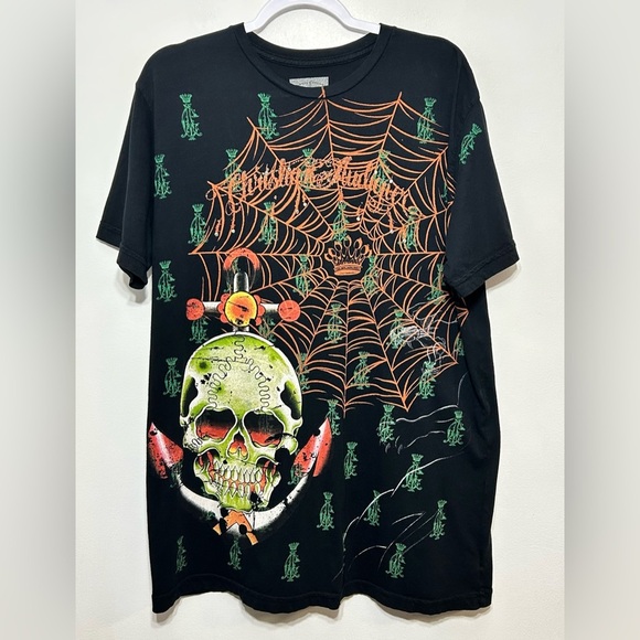 Christian Audigier Los Angeles Spiderweb Skulls Swords Wings Jeweled T Shirt - Picture 2 of 12